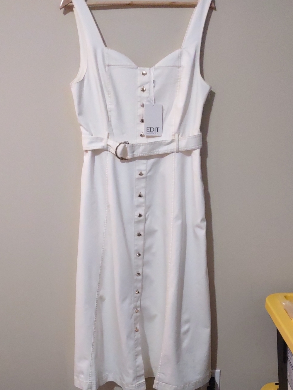 NWT Edit by Jason Wu White Denim Belted Sweetheart Midi Dress Size 12.